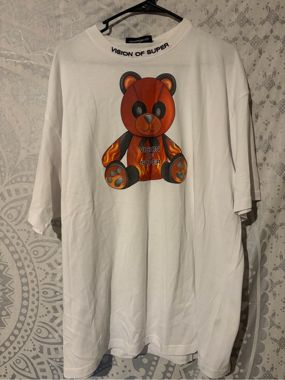 Vision of Super NWT White Flame Teddy Bear Graphic Oversized T-Shirt